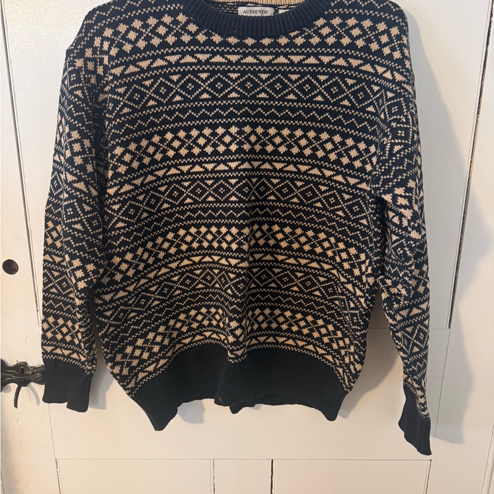 Vintage Men's Sweater with Navy and Cream Fair Isle Knit